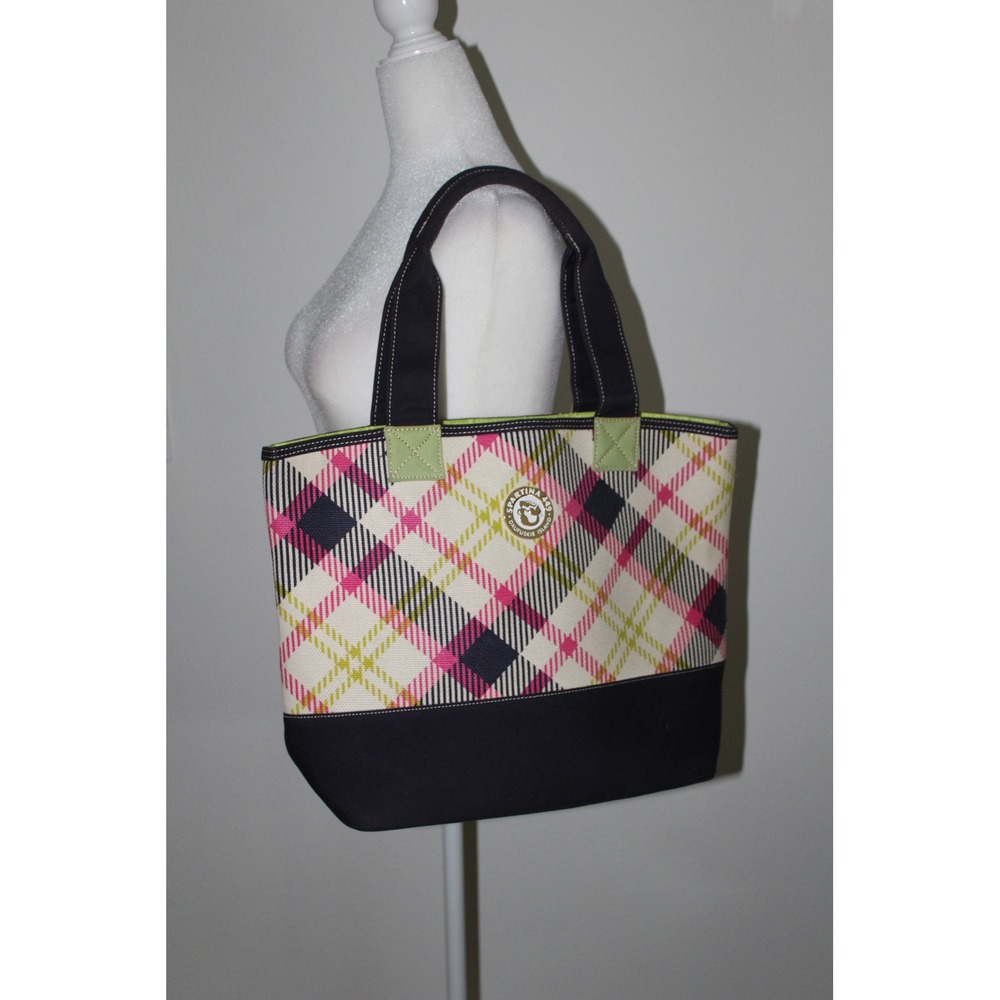 Spartina 449 Daufuskie Island Plaid Canvas Tote Bag Pink Navy Lime Green Medium‎